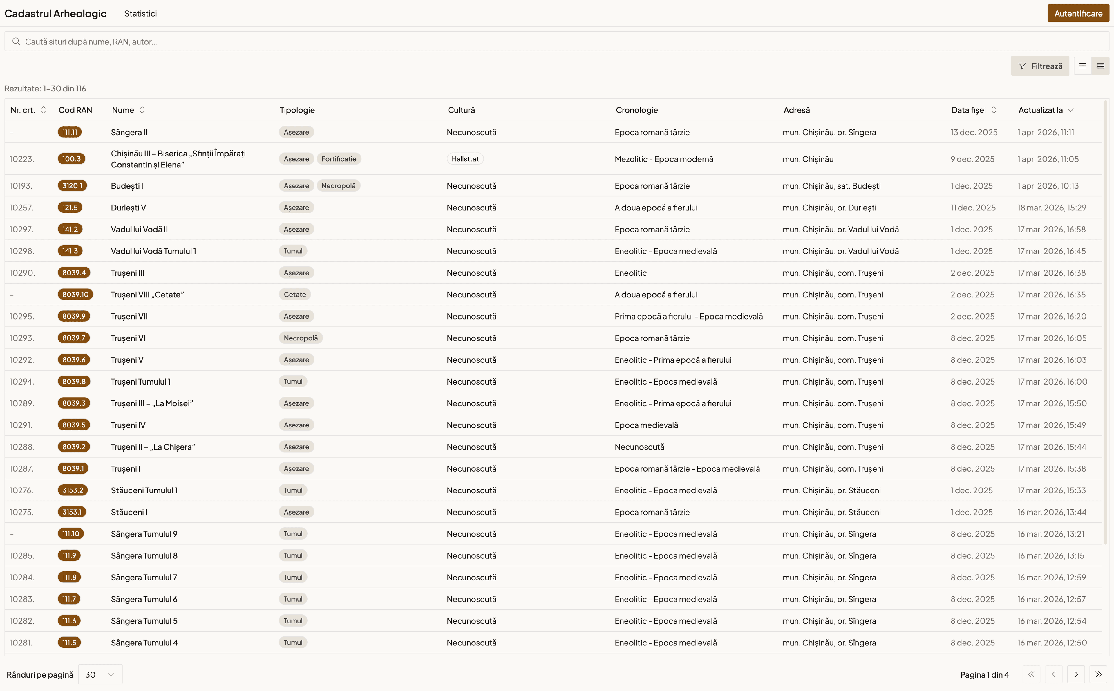 Panoul lateral în vizualizare tabel