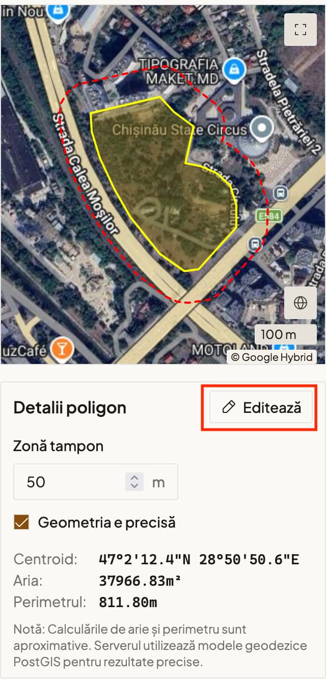 Cardul Detalii poligon din formularul de editare