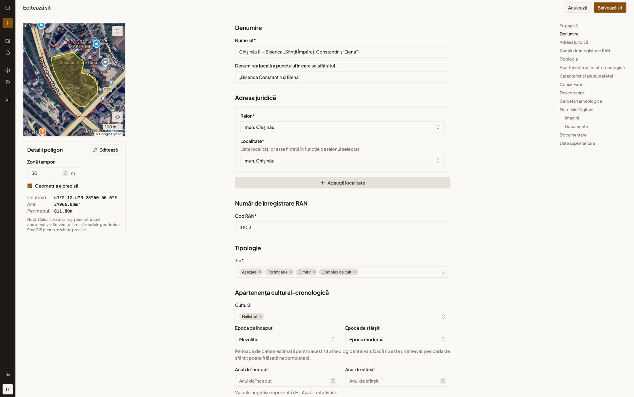 Formularul de editare a sitului