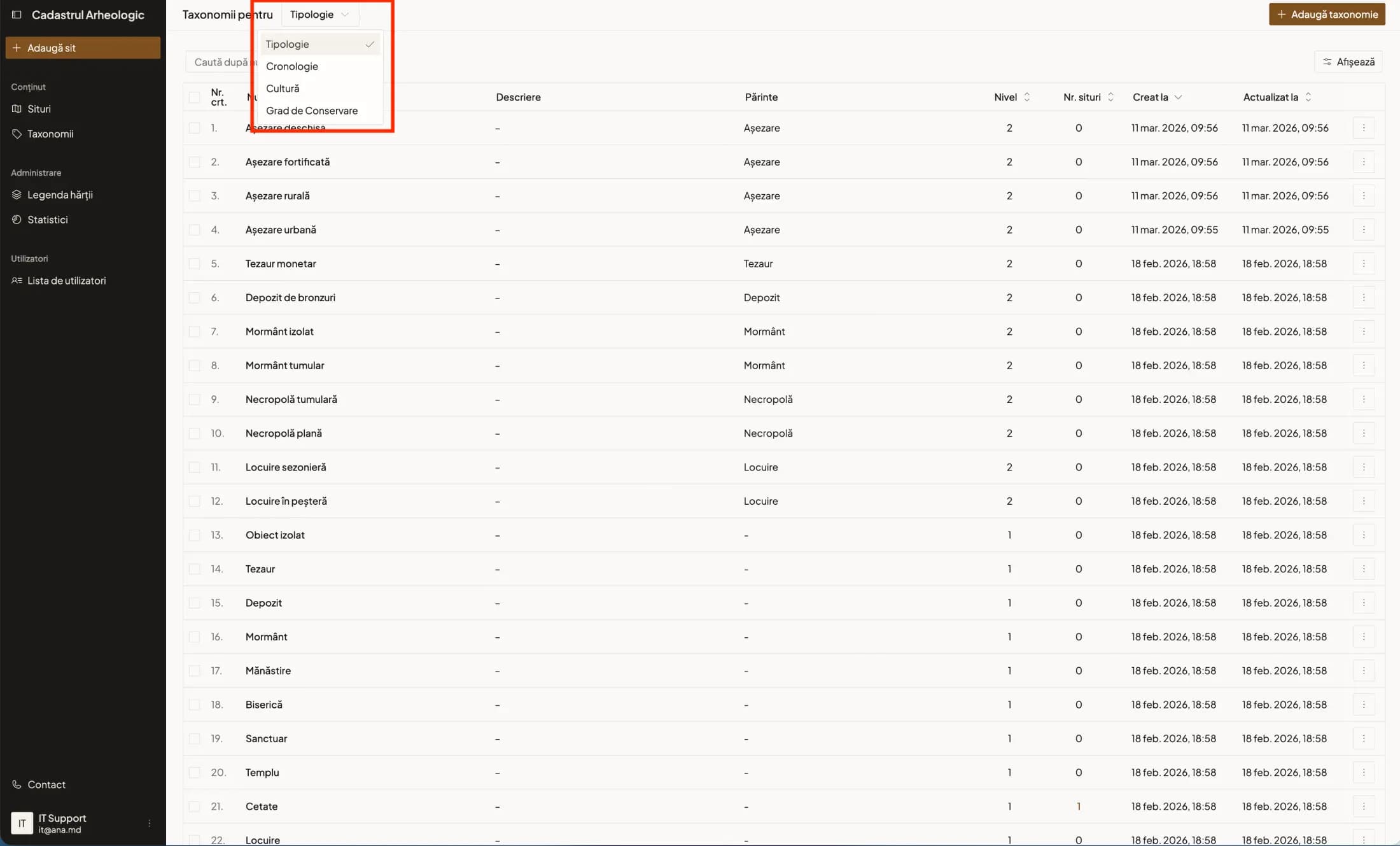 Pagina de gestionare a taxonomiilor