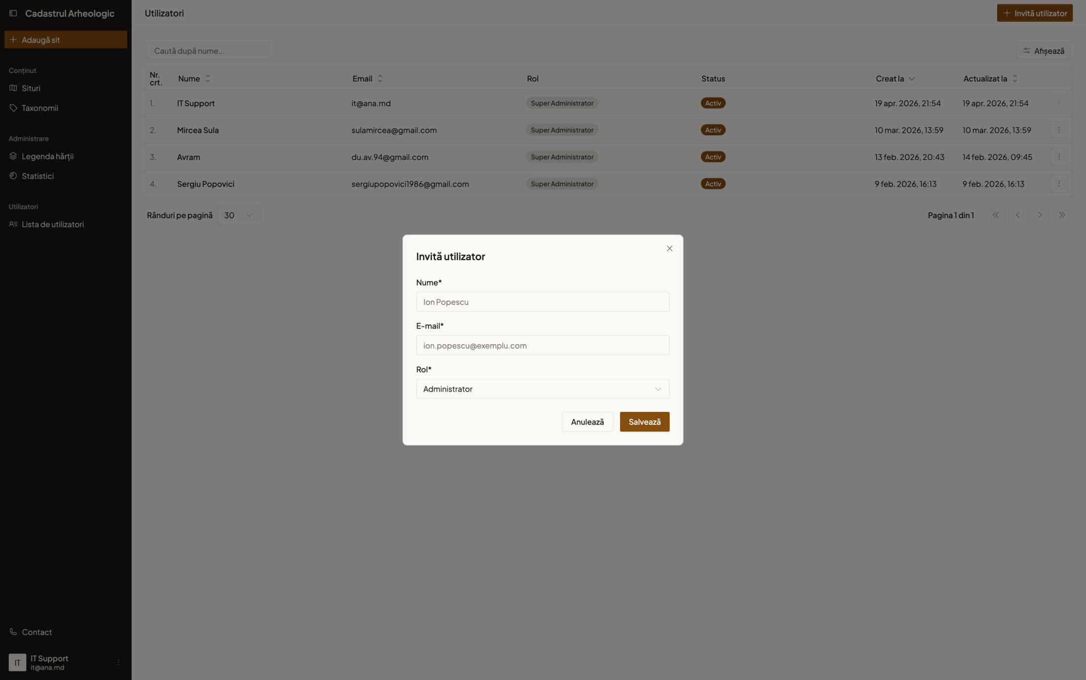 Invitarea unui utilizator nou
